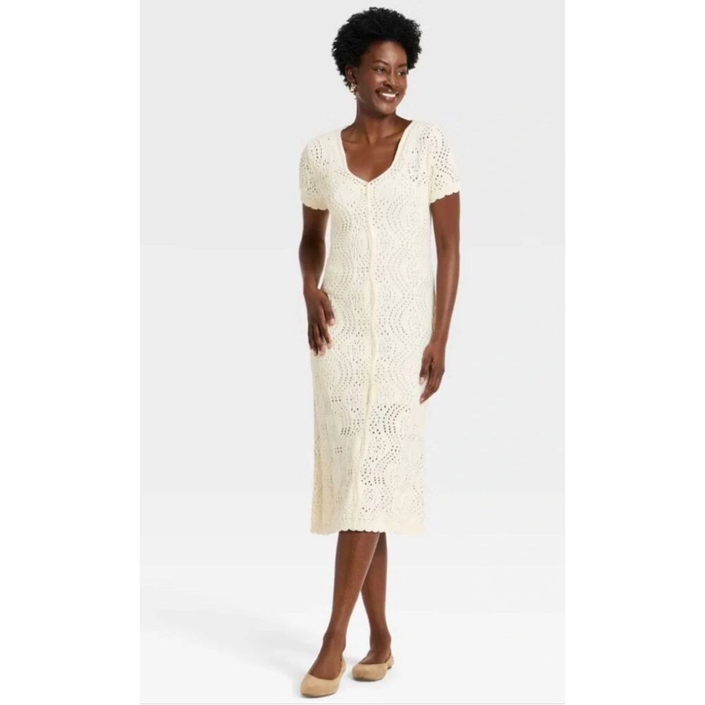 Women’s Cream Crochet Knit Midi Dress Size M